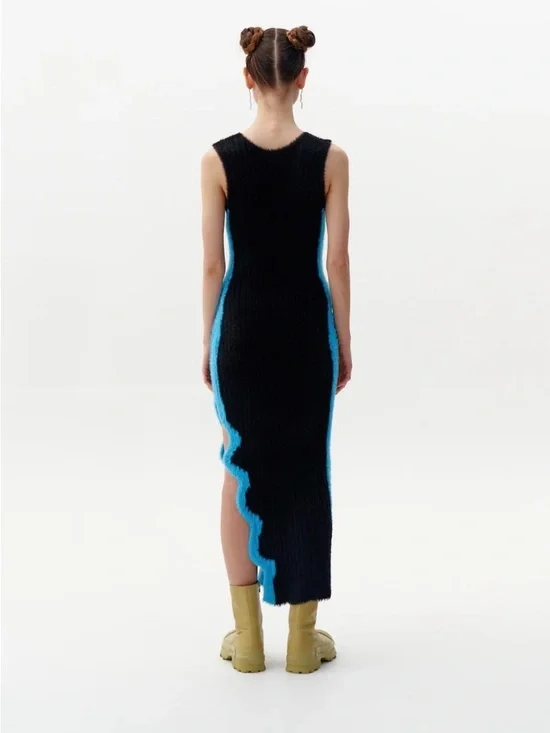 NWT PH5 Faux Fur Reversible Ribbed Midi Dress with Blue Wave Trim - Picture 3 of 9